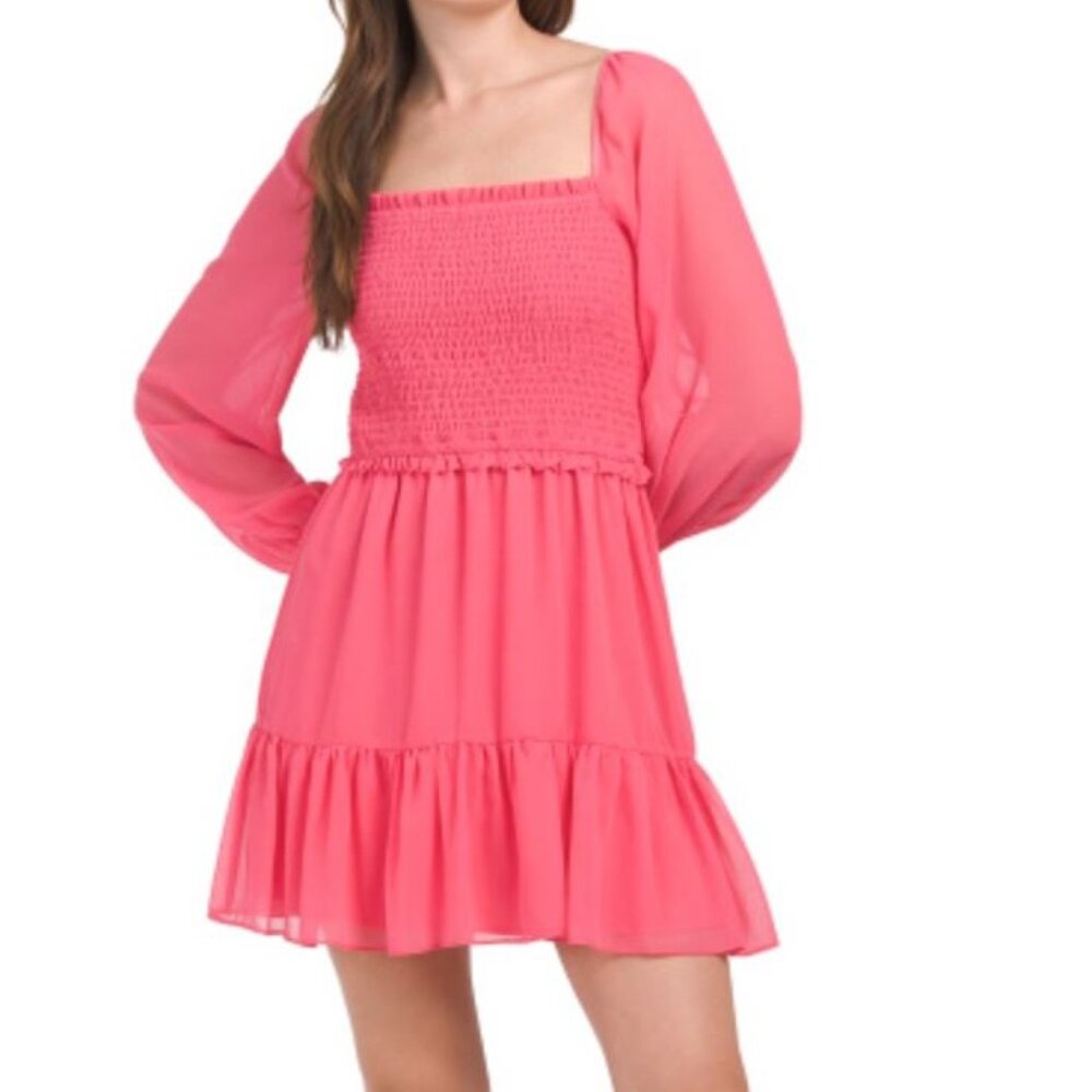NWT 1. STATE | Berry Pink Long Sleeve Smocked Top Ruffle Hem Mini Dress | Small